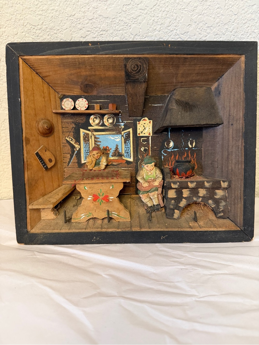 Vintage German Handcrafted Wooden Alpine Diorama Wall Art - Brown-Black